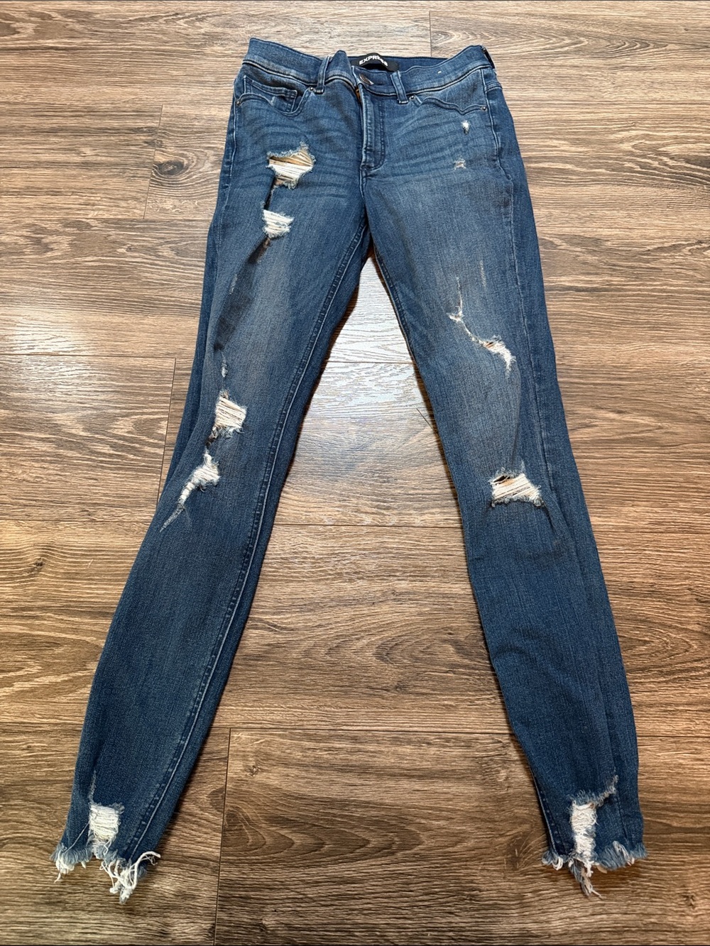 Express Women's Dark Blue Distressed Skinny Jeans